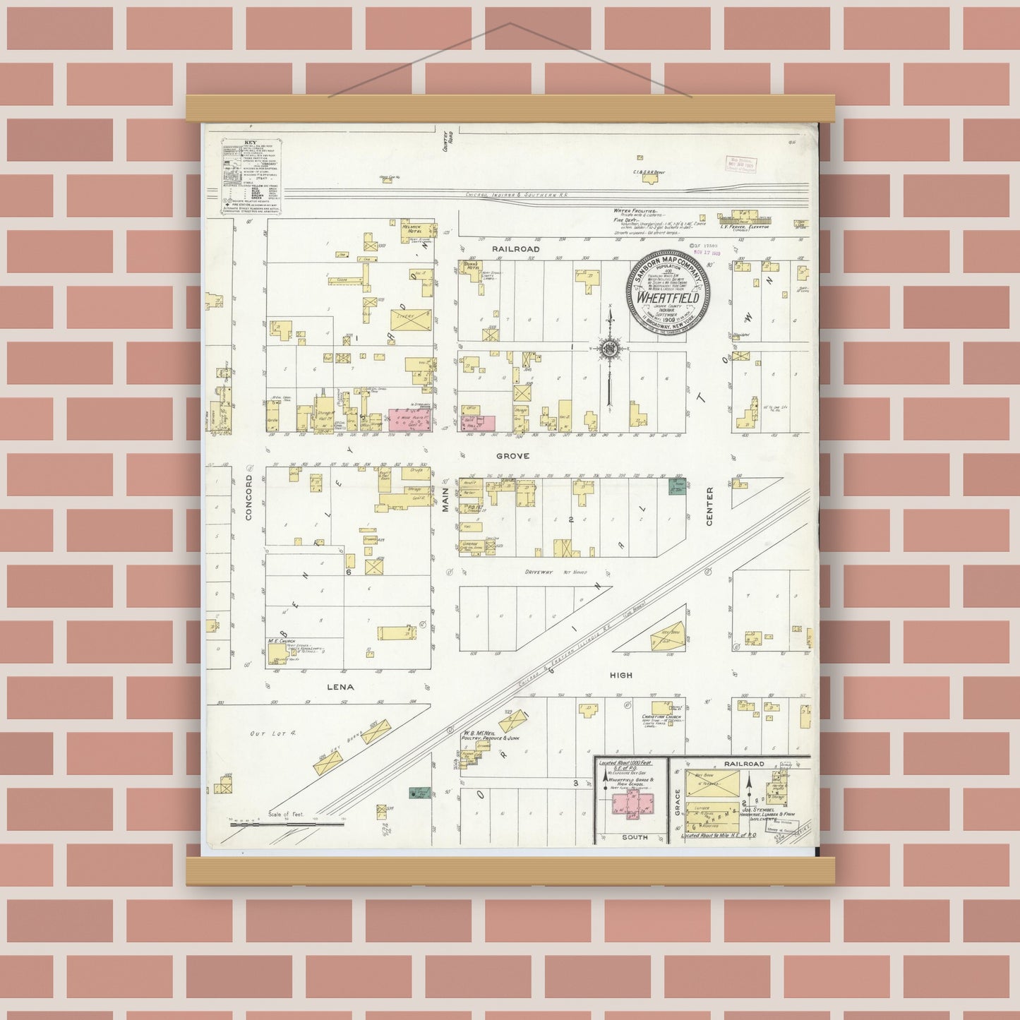 Old map wall art mockup — magnetic wood frame on brick wall — Sanborn Fire Insurance Map from Wheatfield, Jasper County, Indiana (1909), Sheet #0001