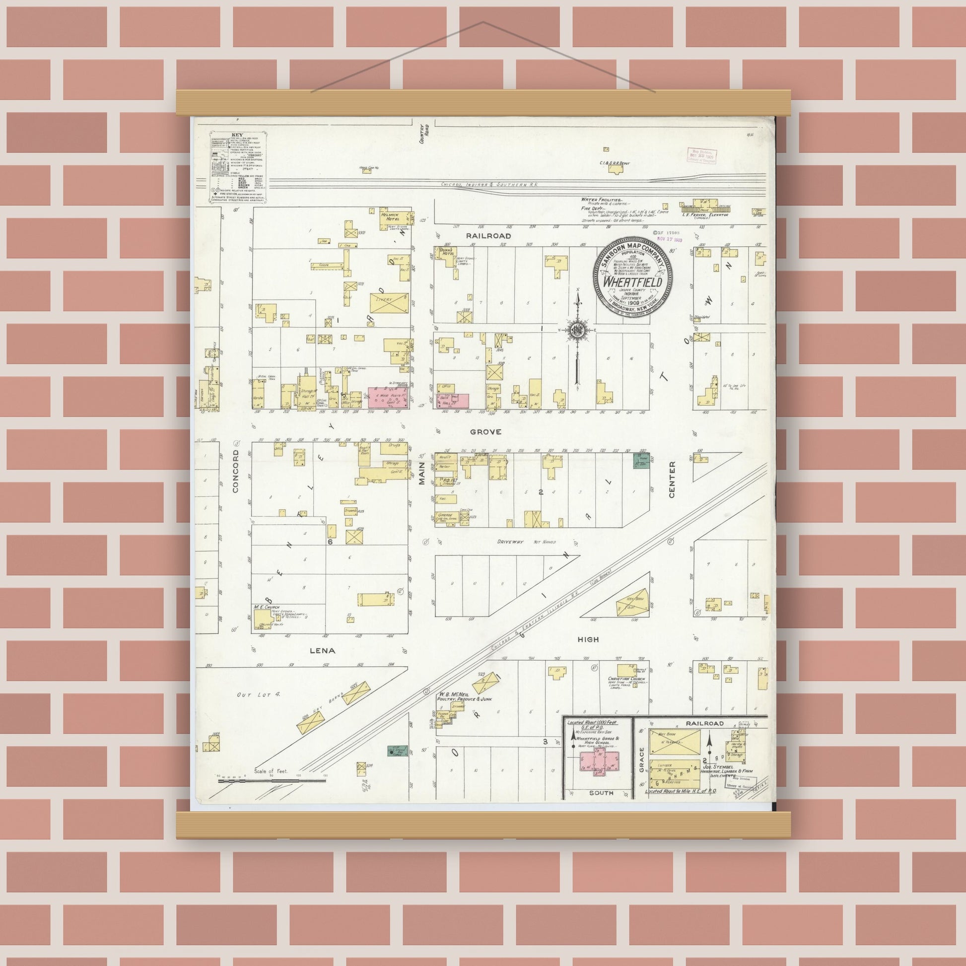 Old map wall art mockup — magnetic wood frame on brick wall — Sanborn Fire Insurance Map from Wheatfield, Jasper County, Indiana (1909), Sheet #0001