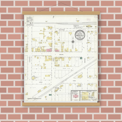Old map wall art mockup — magnetic wood frame on brick wall — Sanborn Fire Insurance Map from Wheatfield, Jasper County, Indiana (1909), Sheet #0001
