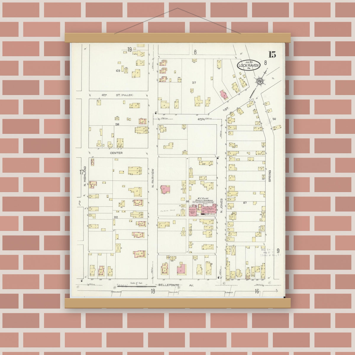 Old map wall art mockup — magnetic wood frame on brick wall — Sanborn Fire Insurance Map from Lock Haven, Clinton County, Pennsylvania (1914), Sheet #0015