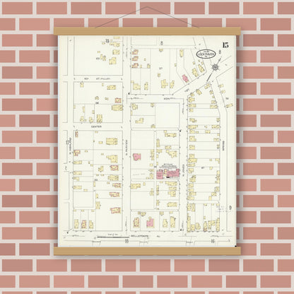 Old map wall art mockup — magnetic wood frame on brick wall — Sanborn Fire Insurance Map from Lock Haven, Clinton County, Pennsylvania (1914), Sheet #0015