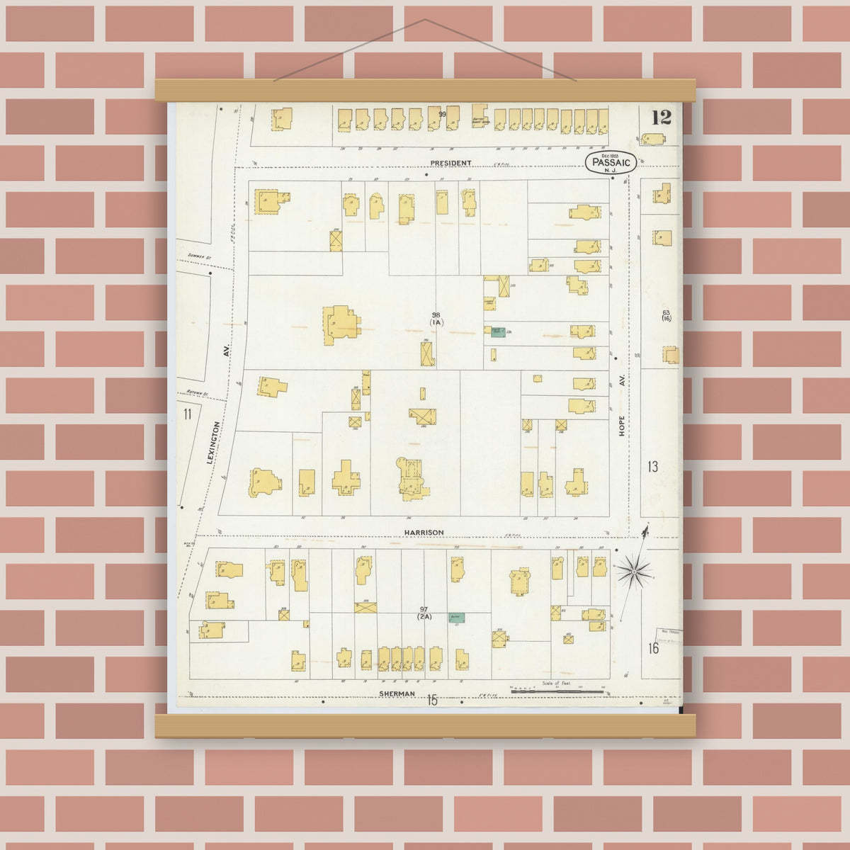 Old map wall art mockup — magnetic wood frame on brick wall — Sanborn Fire Insurance Map from Passaic, Passaic County, New Jersey (1903), Sheet #0012