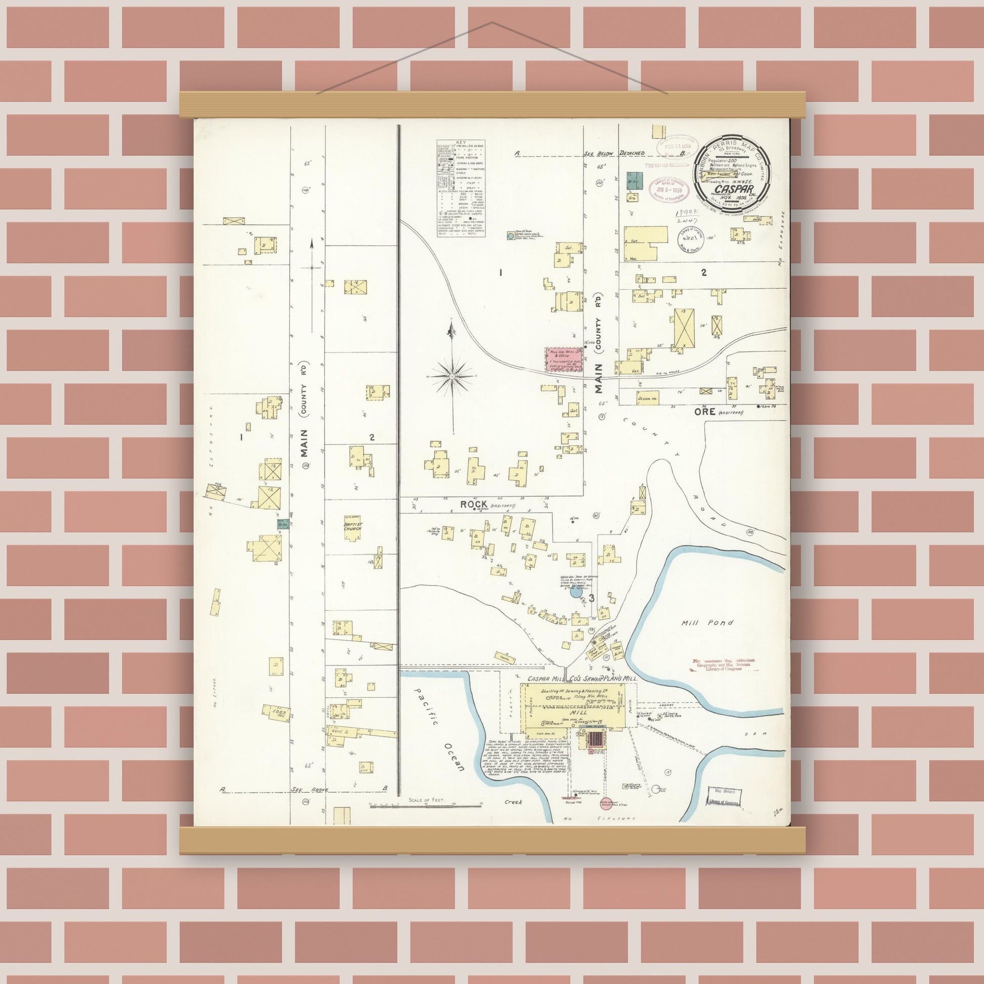 Old map wall art mockup — magnetic wood frame on brick wall — Sanborn Fire Insurance Map from Caspar, Mendocino County, California (1898), Sheet #0001