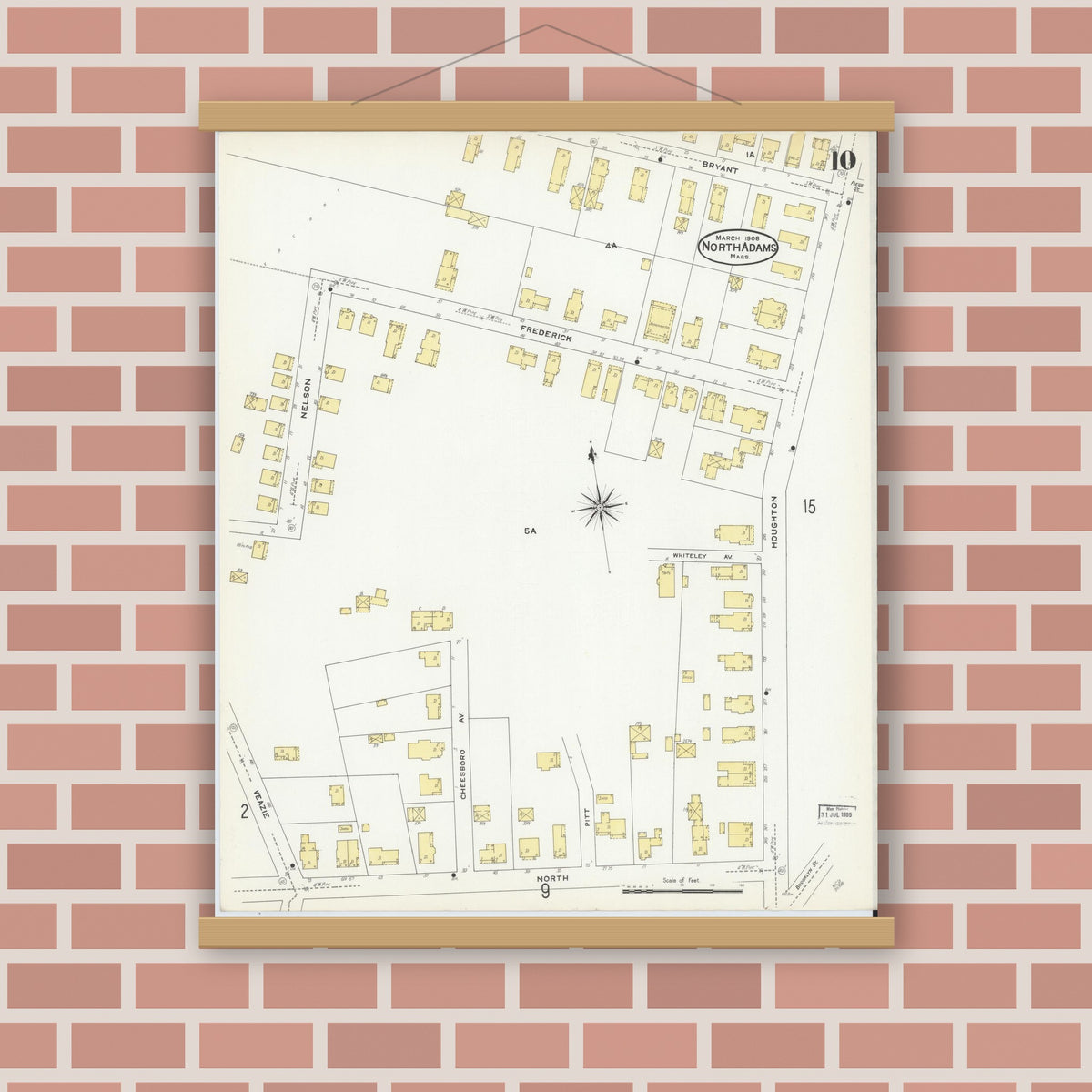 Old map wall art mockup — magnetic wood frame on brick wall — Sanborn Fire Insurance Map from North Adams, Berkshire County, Massachusetts (1908), Sheet #0010