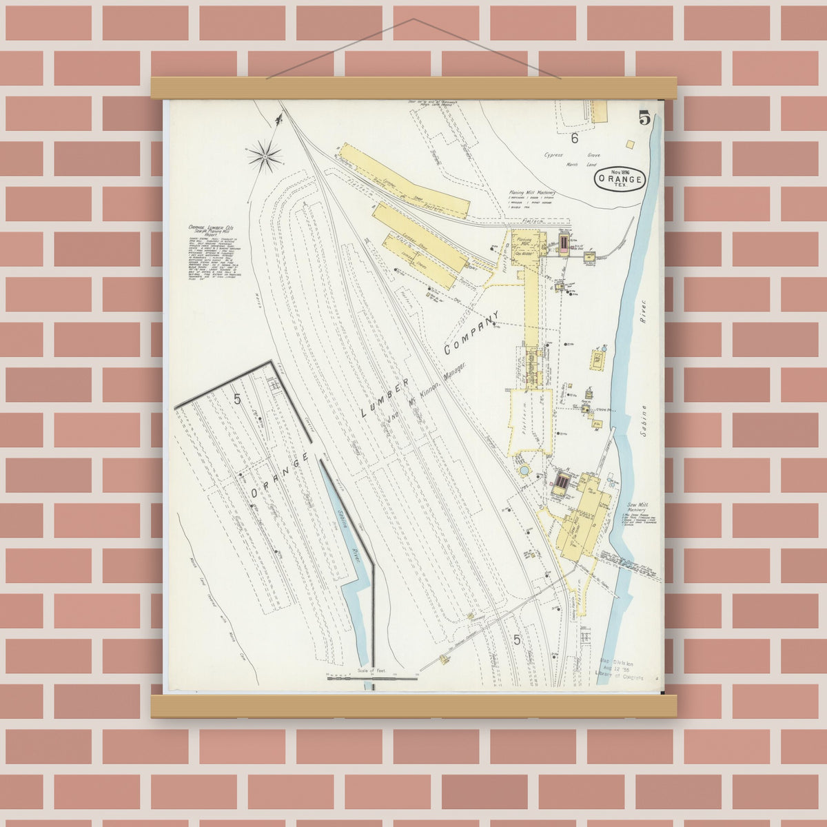 Old map wall art mockup — magnetic wood frame on brick wall — Sanborn Fire Insurance Map from Orange, Orange County, Texas (1896), Sheet #0005