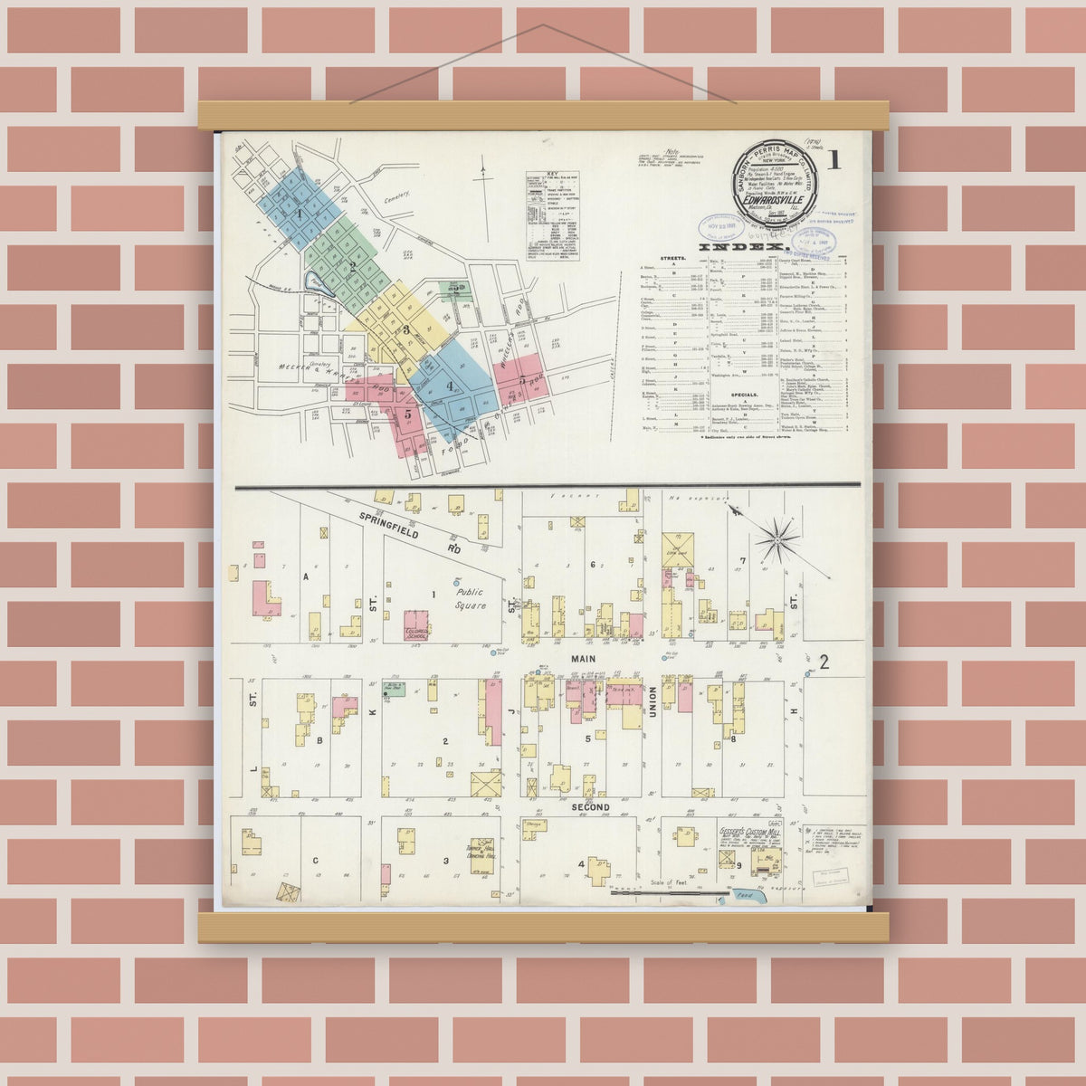 Old map wall art mockup — magnetic wood frame on brick wall — Sanborn Fire Insurance Map from Edwardsville, Madison County, Illinois (1897) - Complete Map Set