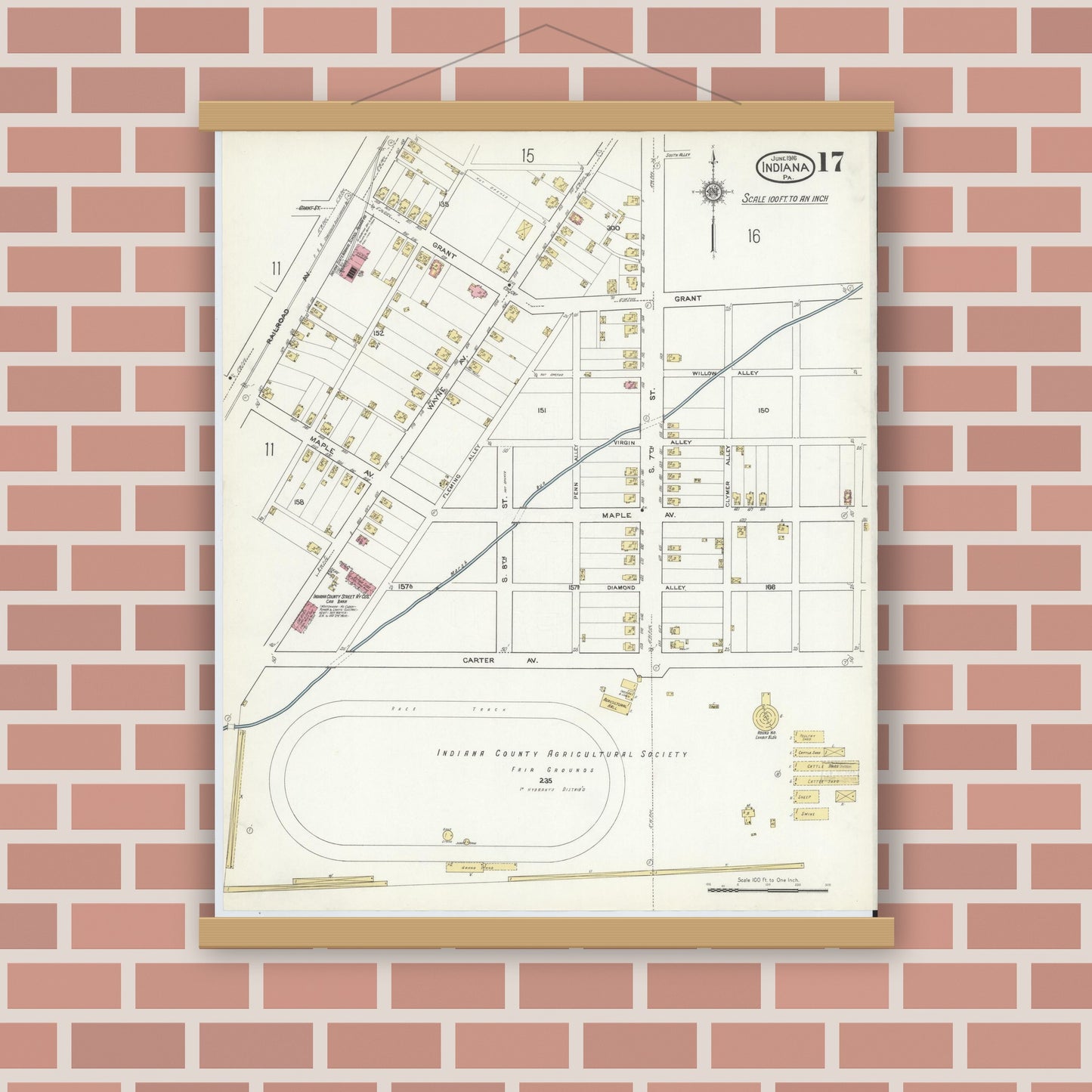 Old map wall art mockup — magnetic wood frame on brick wall — Sanborn Fire Insurance Map from Indiana, Indiana County, Pennsylvania (1916), Sheet #0017