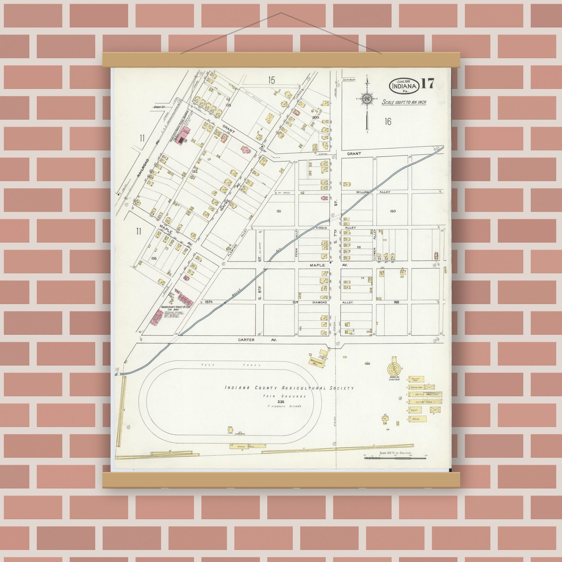 Old map wall art mockup — magnetic wood frame on brick wall — Sanborn Fire Insurance Map from Indiana, Indiana County, Pennsylvania (1916), Sheet #0017