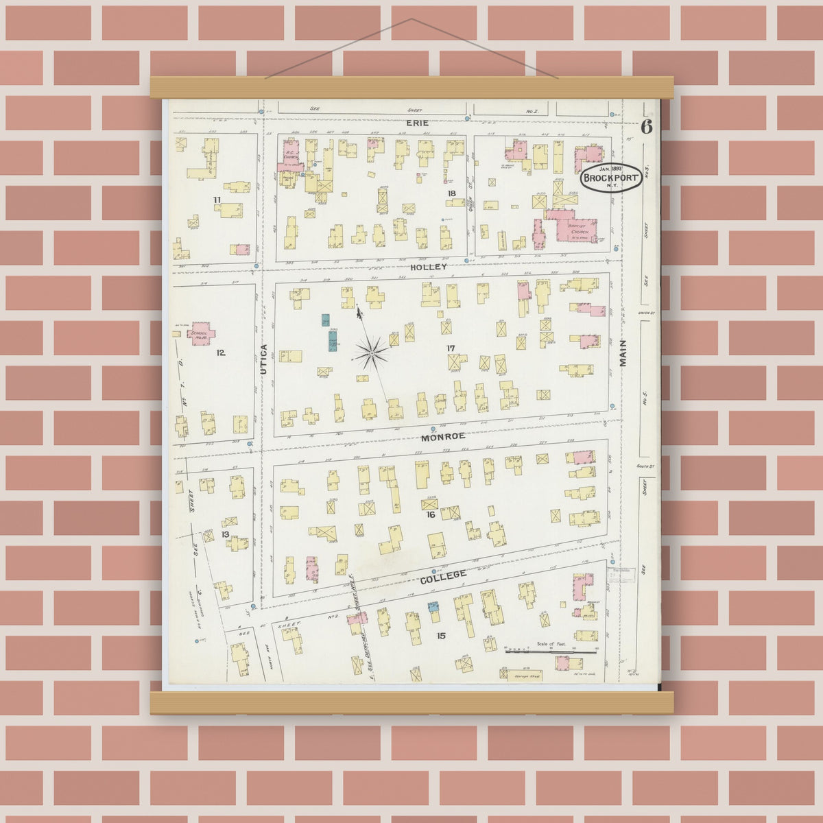 Old map wall art mockup — magnetic wood frame on brick wall — Sanborn Fire Insurance Map from Brockport, Monroe County, New York (1892), Sheet #0006