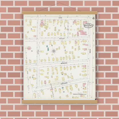 Old map wall art mockup — magnetic wood frame on brick wall — Sanborn Fire Insurance Map from Brockport, Monroe County, New York (1892), Sheet #0006