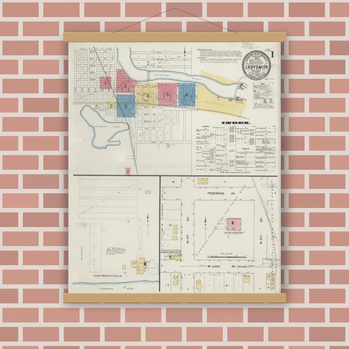 Old map wall art mockup — magnetic wood frame on brick wall — Sanborn Fire Insurance Map from Ladysmith, Rusk County, Wisconsin (1909), Sheet #0001