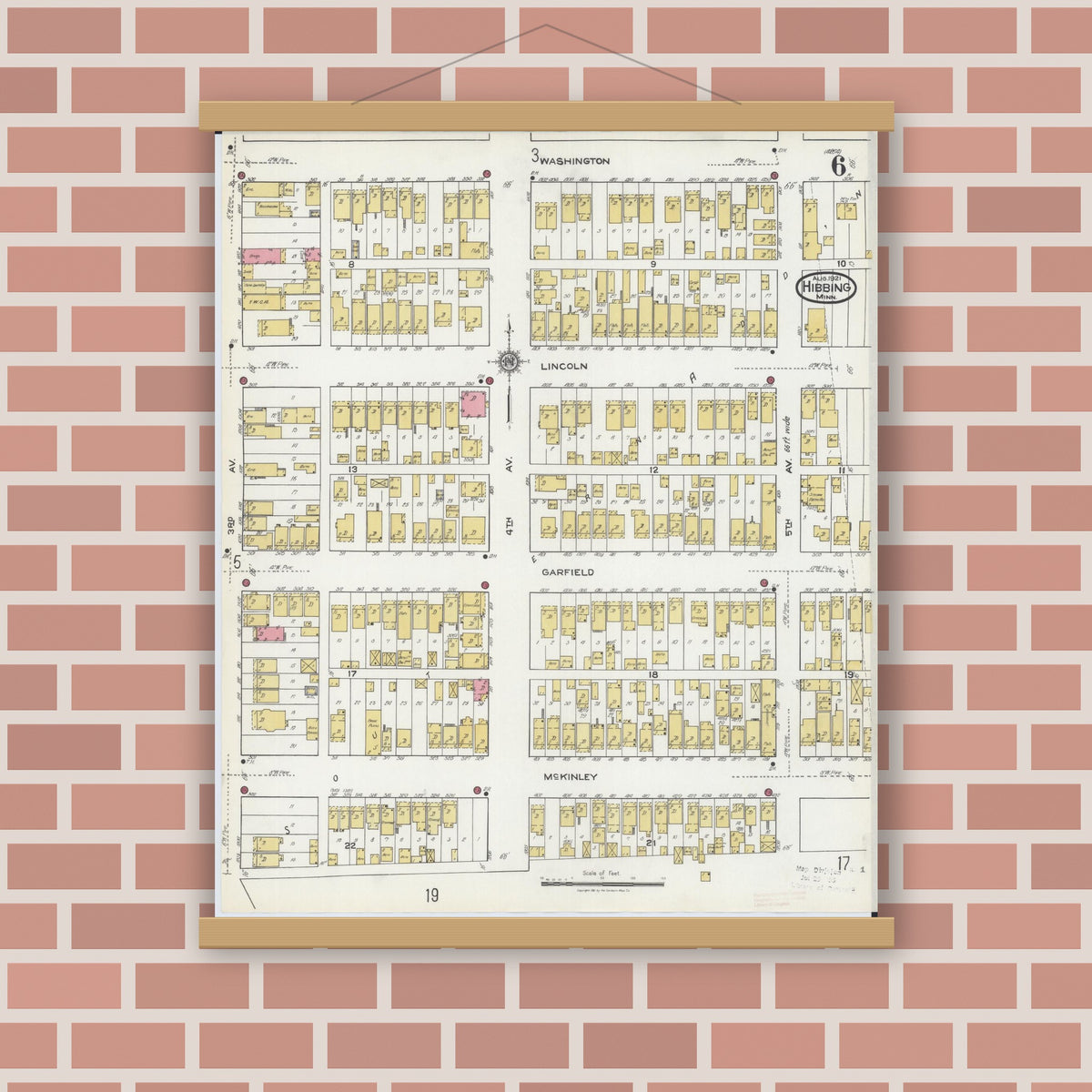 Old map wall art mockup — magnetic wood frame on brick wall — Sanborn Fire Insurance Map from Hibbing, Saint Louis County, Minnesota (1921), Sheet #0006
