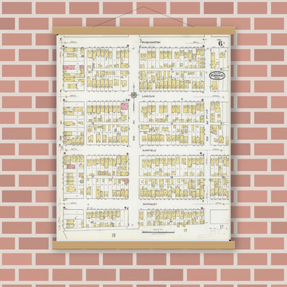 Old map wall art mockup — magnetic wood frame on brick wall — Sanborn Fire Insurance Map from Hibbing, Saint Louis County, Minnesota (1921), Sheet #0006