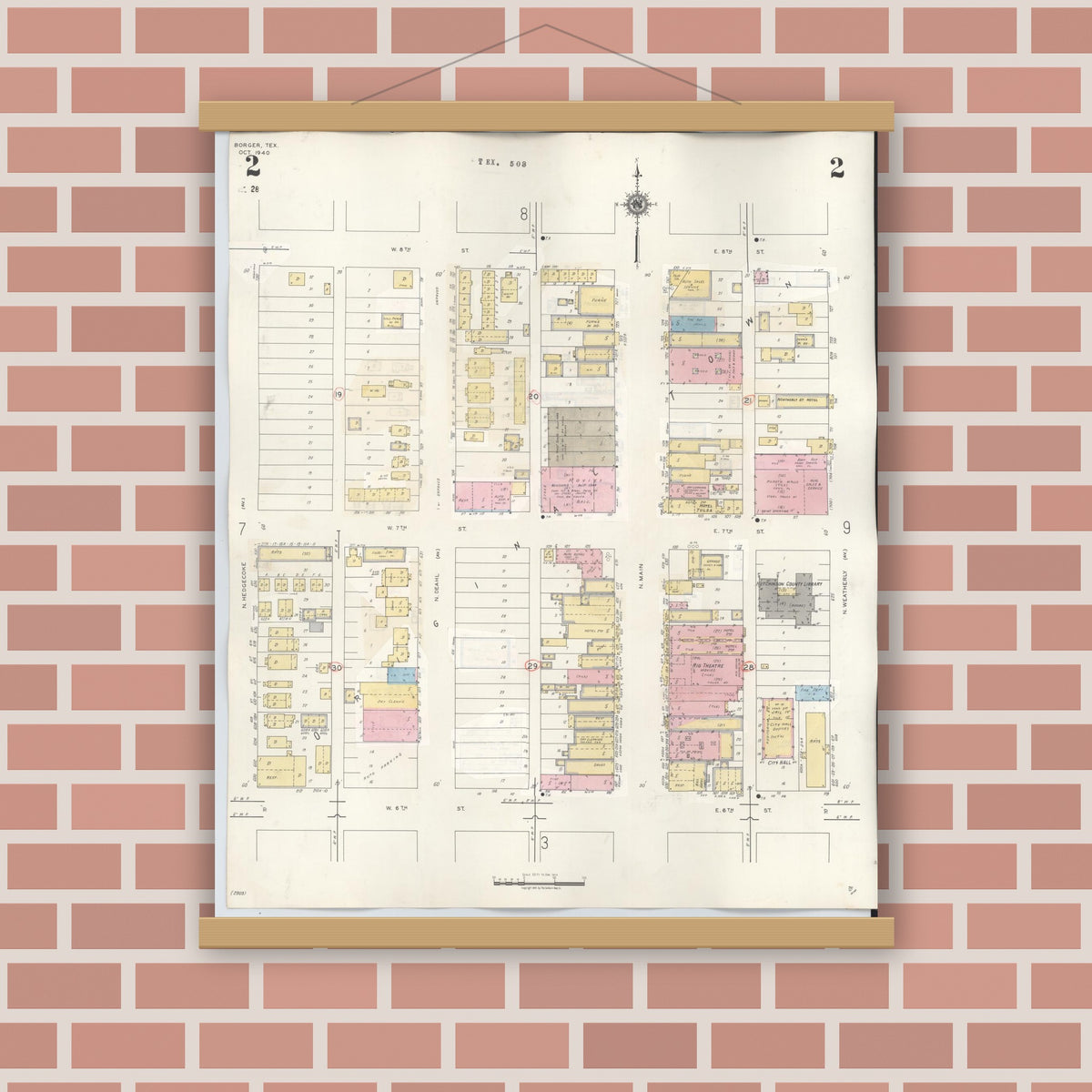 Old map wall art mockup — magnetic wood frame on brick wall — Sanborn Fire Insurance Map from Borger, Hutchinson County, Texas (1950), Sheet #0002