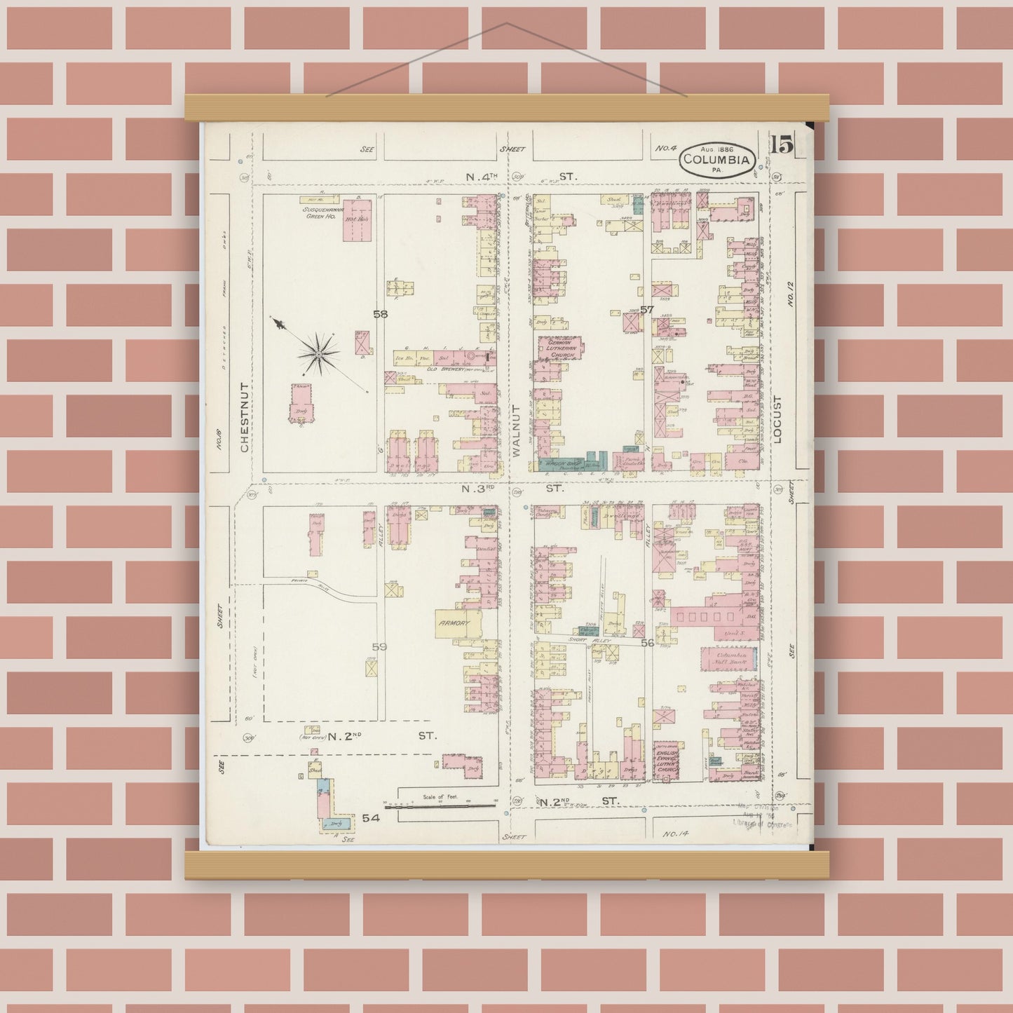 Old map wall art mockup — magnetic wood frame on brick wall — Sanborn Fire Insurance Map from Columbia, Lancaster County, Pennsylvania (1886), Sheet #0015