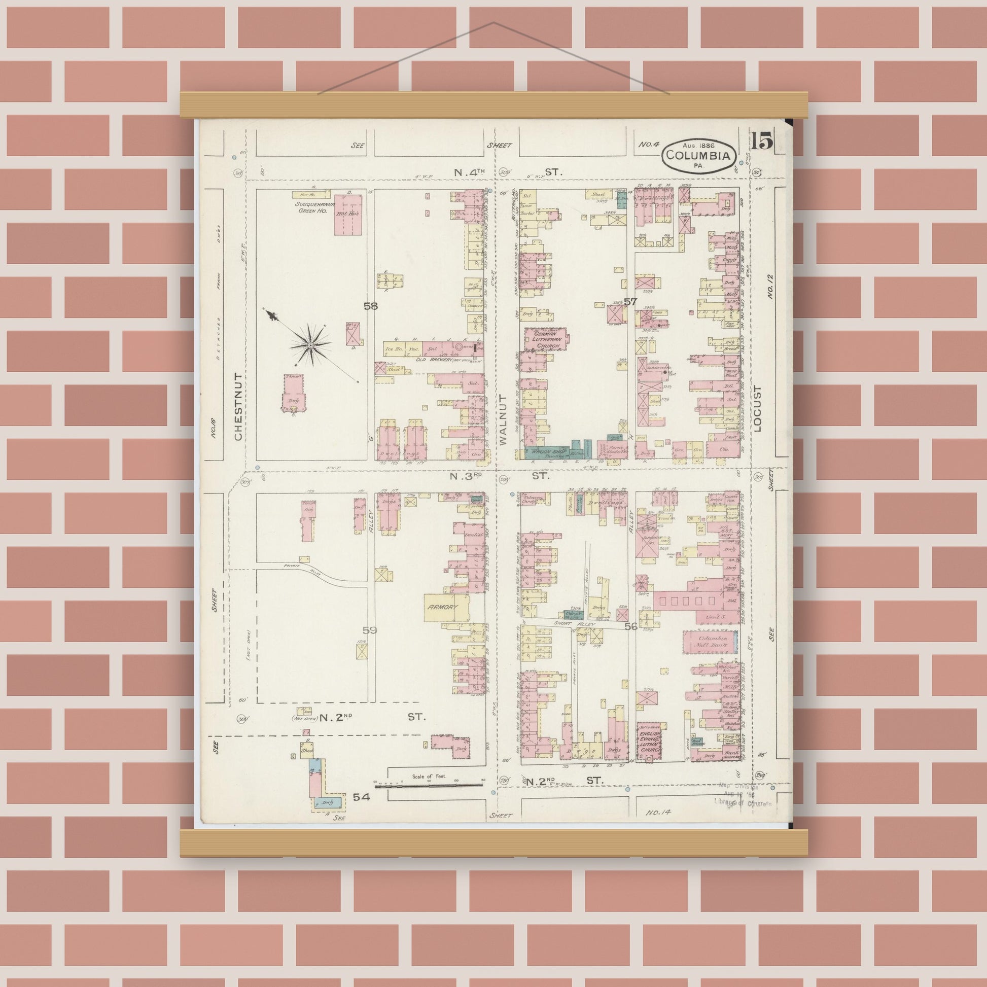 Old map wall art mockup — magnetic wood frame on brick wall — Sanborn Fire Insurance Map from Columbia, Lancaster County, Pennsylvania (1886), Sheet #0015