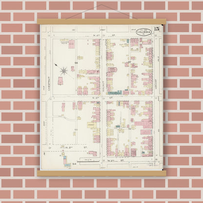 Old map wall art mockup — magnetic wood frame on brick wall — Sanborn Fire Insurance Map from Columbia, Lancaster County, Pennsylvania (1886), Sheet #0015