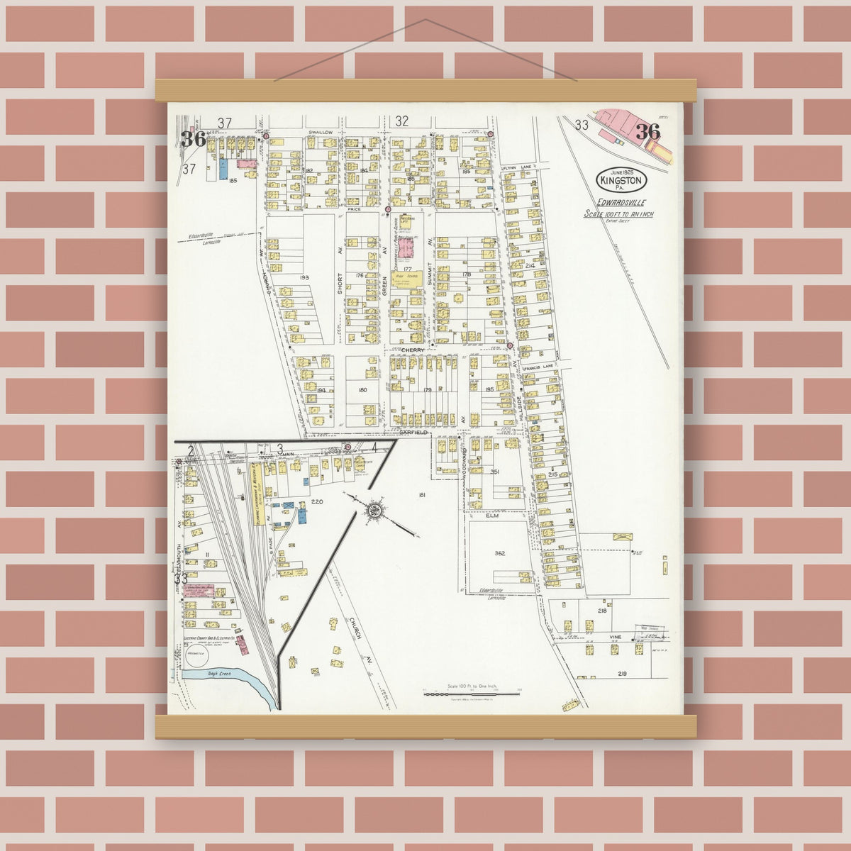 Old map wall art mockup — magnetic wood frame on brick wall — Sanborn Fire Insurance Map from Kingston, Luzerne County, Pennsylvania (1925), Sheet #0036