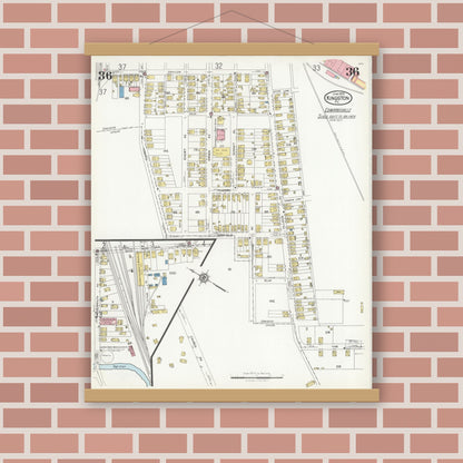 Old map wall art mockup — magnetic wood frame on brick wall — Sanborn Fire Insurance Map from Kingston, Luzerne County, Pennsylvania (1925), Sheet #0036