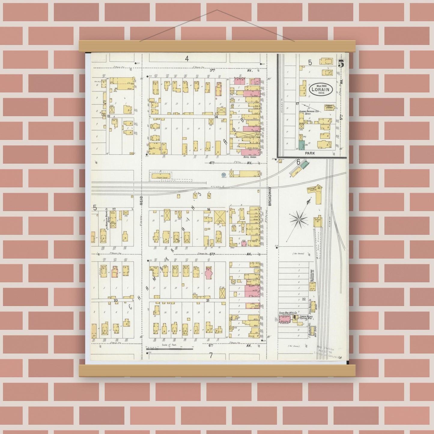 Old map wall art mockup — magnetic wood frame on brick wall — Sanborn Fire Insurance Map from Lorain, Lorain County, Ohio (1900), Sheet #0005