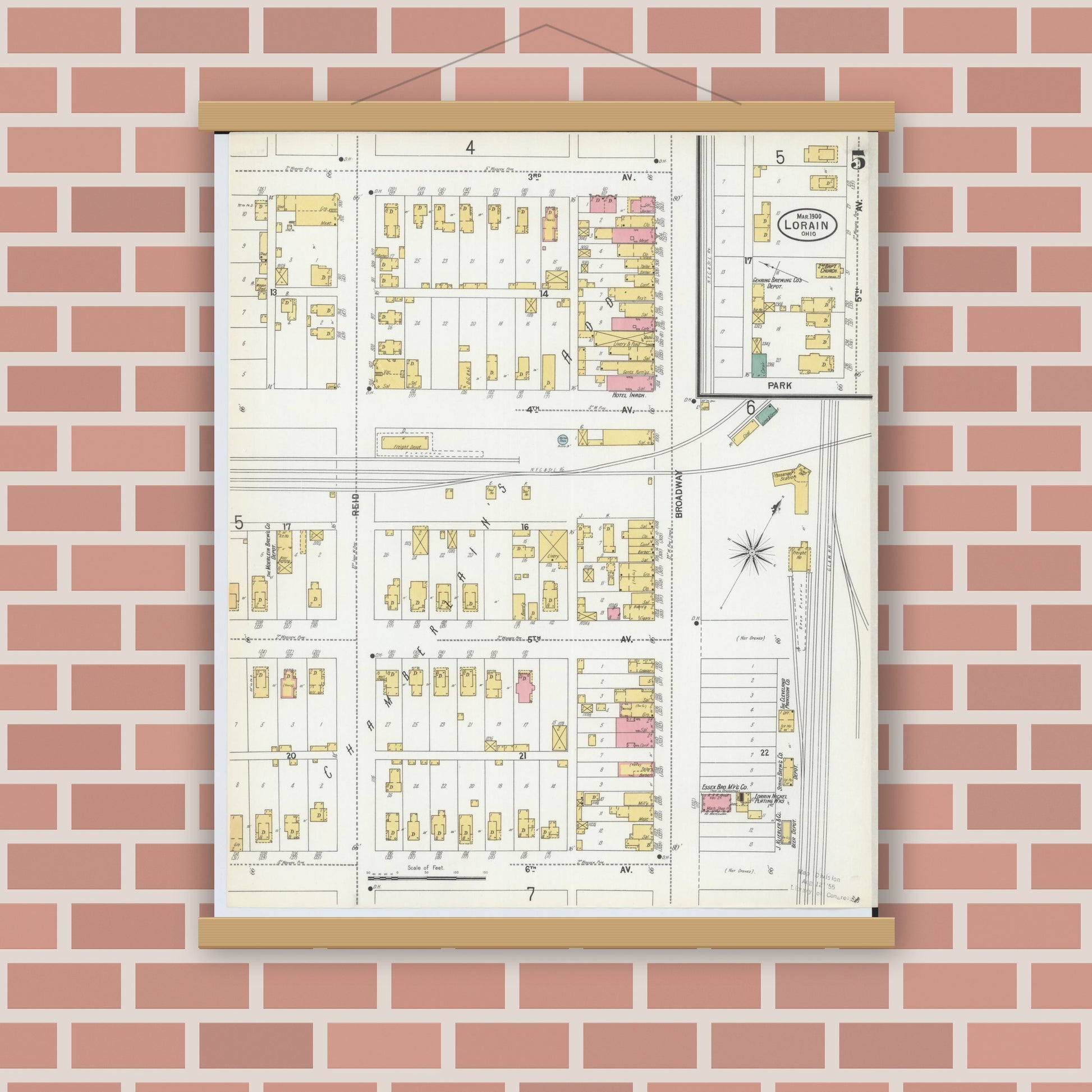 Old map wall art mockup — magnetic wood frame on brick wall — Sanborn Fire Insurance Map from Lorain, Lorain County, Ohio (1900), Sheet #0005