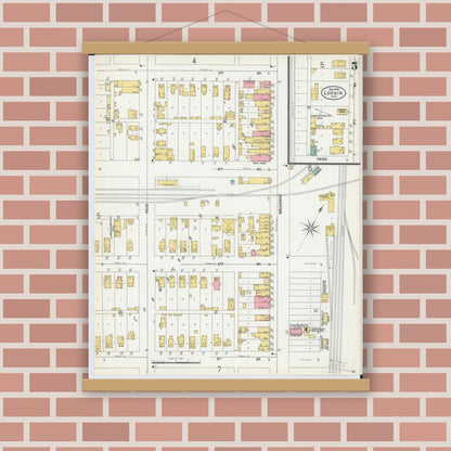 Old map wall art mockup — magnetic wood frame on brick wall — Sanborn Fire Insurance Map from Lorain, Lorain County, Ohio (1900), Sheet #0005