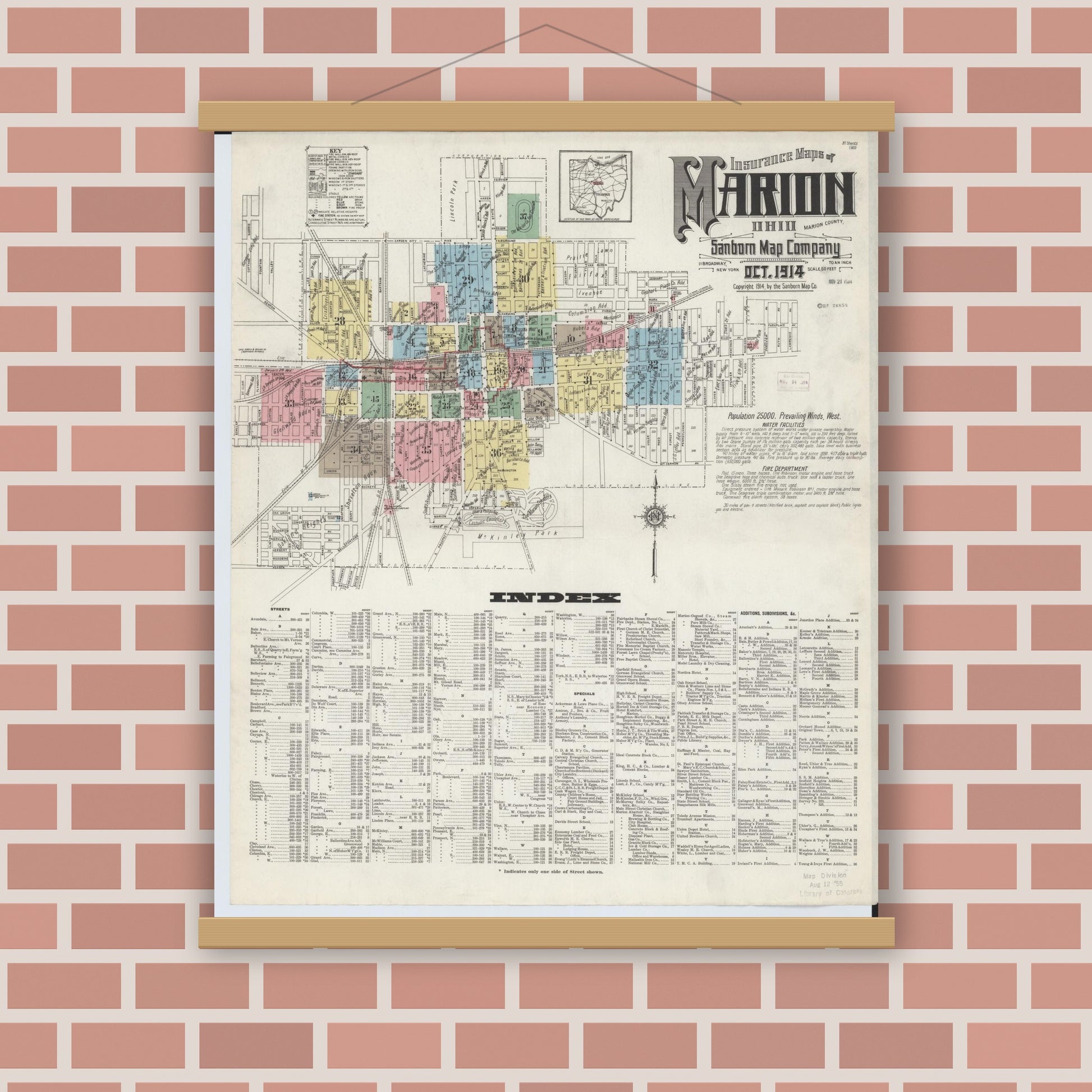 Old map wall art mockup — magnetic wood frame on brick wall — Sanborn Fire Insurance Map from Marion, Marion County, Ohio (1914), Sheet #0001