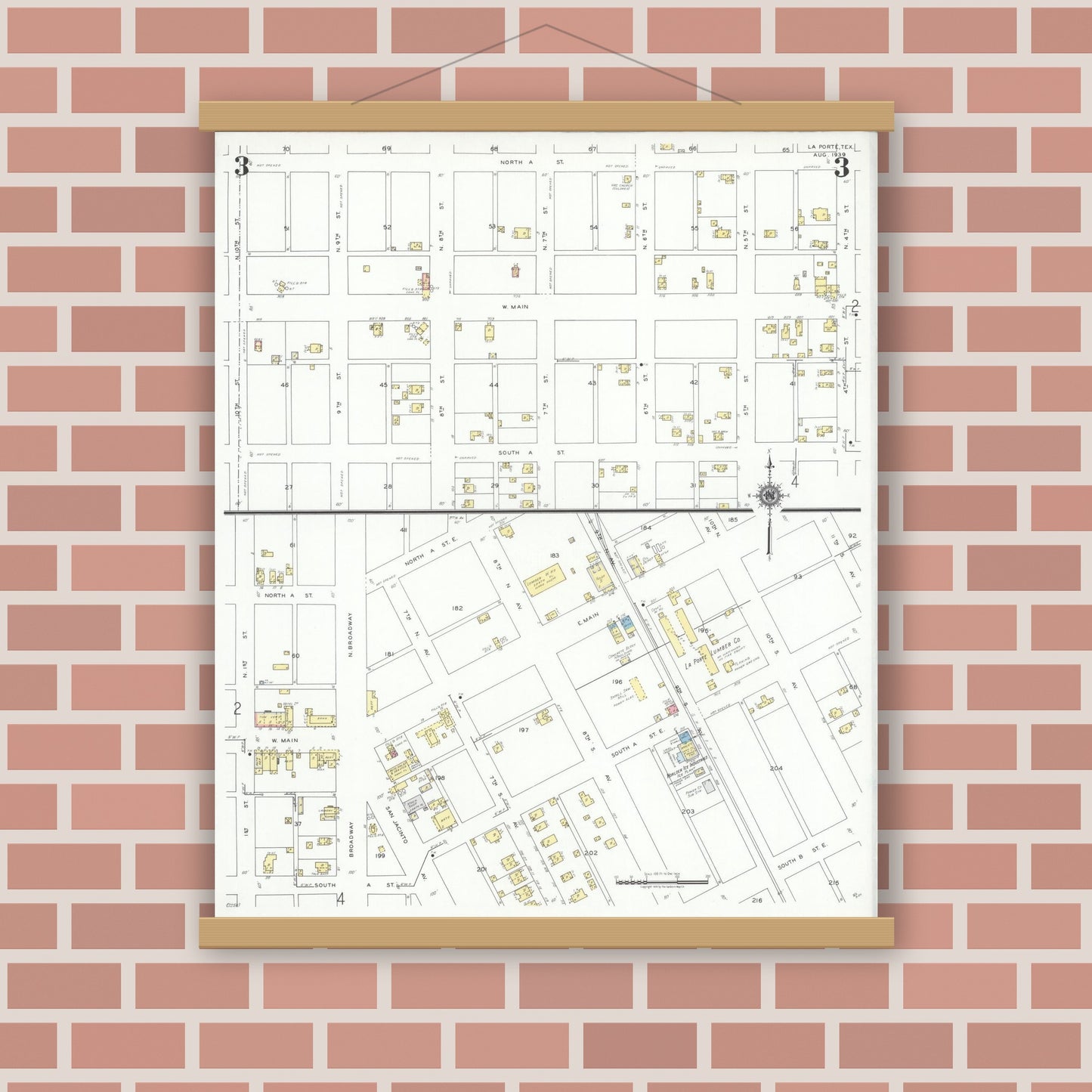 Old map wall art mockup — magnetic wood frame on brick wall — Sanborn Fire Insurance Map from La Porte, Harris County, Texas (1939), Sheet #0003