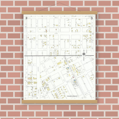 Old map wall art mockup — magnetic wood frame on brick wall — Sanborn Fire Insurance Map from La Porte, Harris County, Texas (1939), Sheet #0003