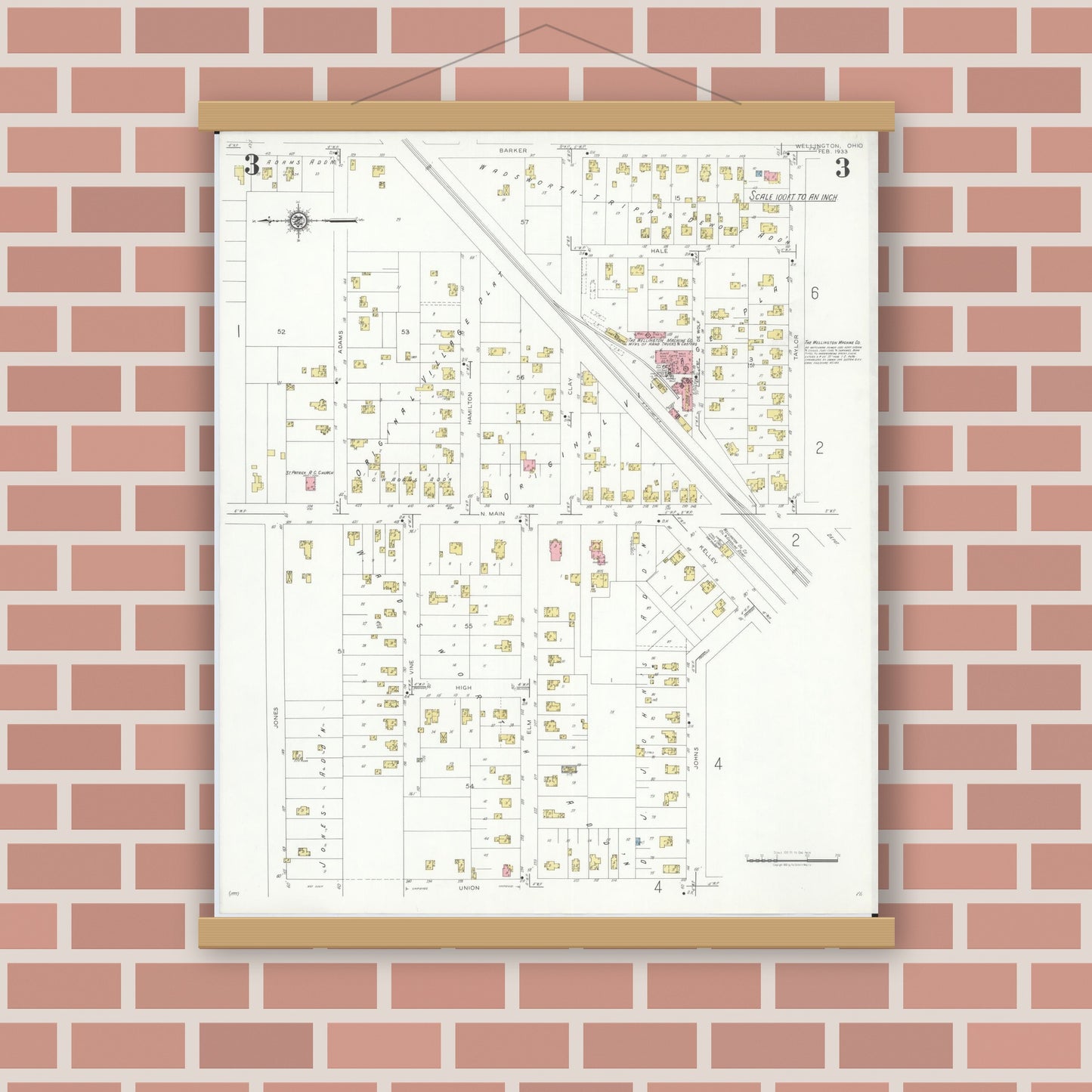 Old map wall art mockup — magnetic wood frame on brick wall — Sanborn Fire Insurance Map from Wellington, Lorain County, Ohio (1933), Sheet #0003