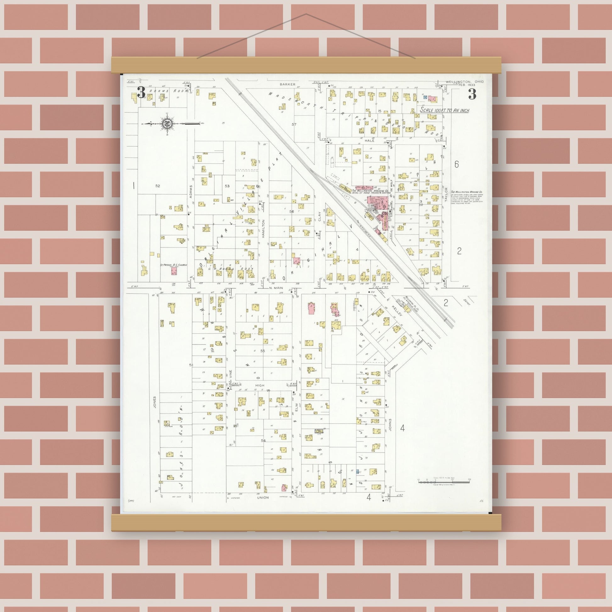 Old map wall art mockup — magnetic wood frame on brick wall — Sanborn Fire Insurance Map from Wellington, Lorain County, Ohio (1933), Sheet #0003