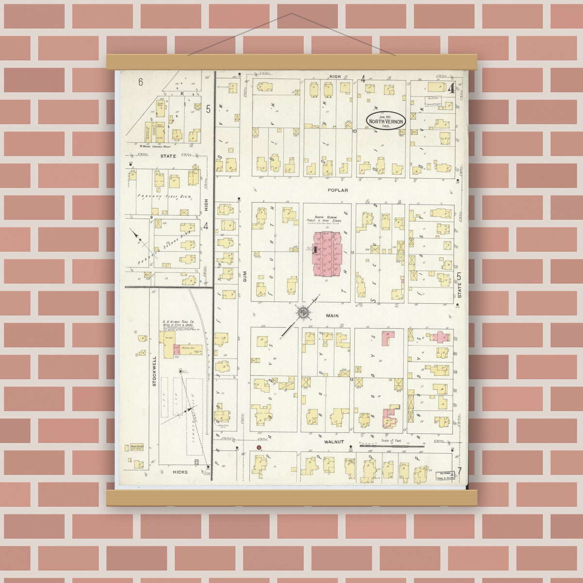 Old map wall art mockup — magnetic wood frame on brick wall — Sanborn Fire Insurance Map from North Vernon, Jennings County, Indiana (1911), Sheet #0004