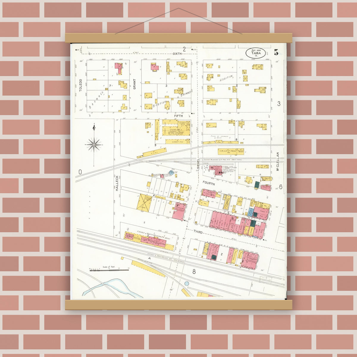 Old map wall art mockup — magnetic wood frame on brick wall — Sanborn Fire Insurance Map from Tama, Tama County, Iowa (1906), Sheet #0005