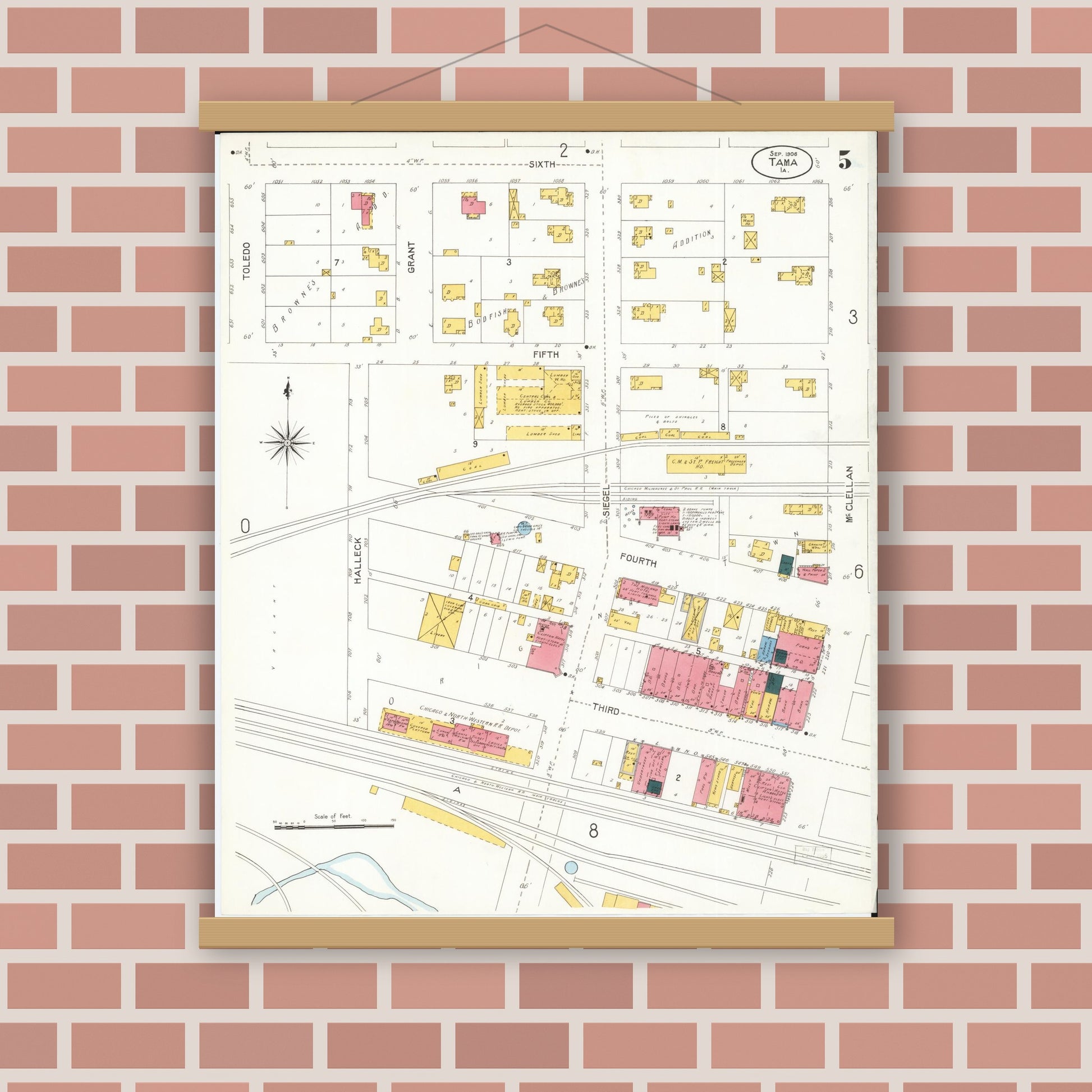 Old map wall art mockup — magnetic wood frame on brick wall — Sanborn Fire Insurance Map from Tama, Tama County, Iowa (1906), Sheet #0005