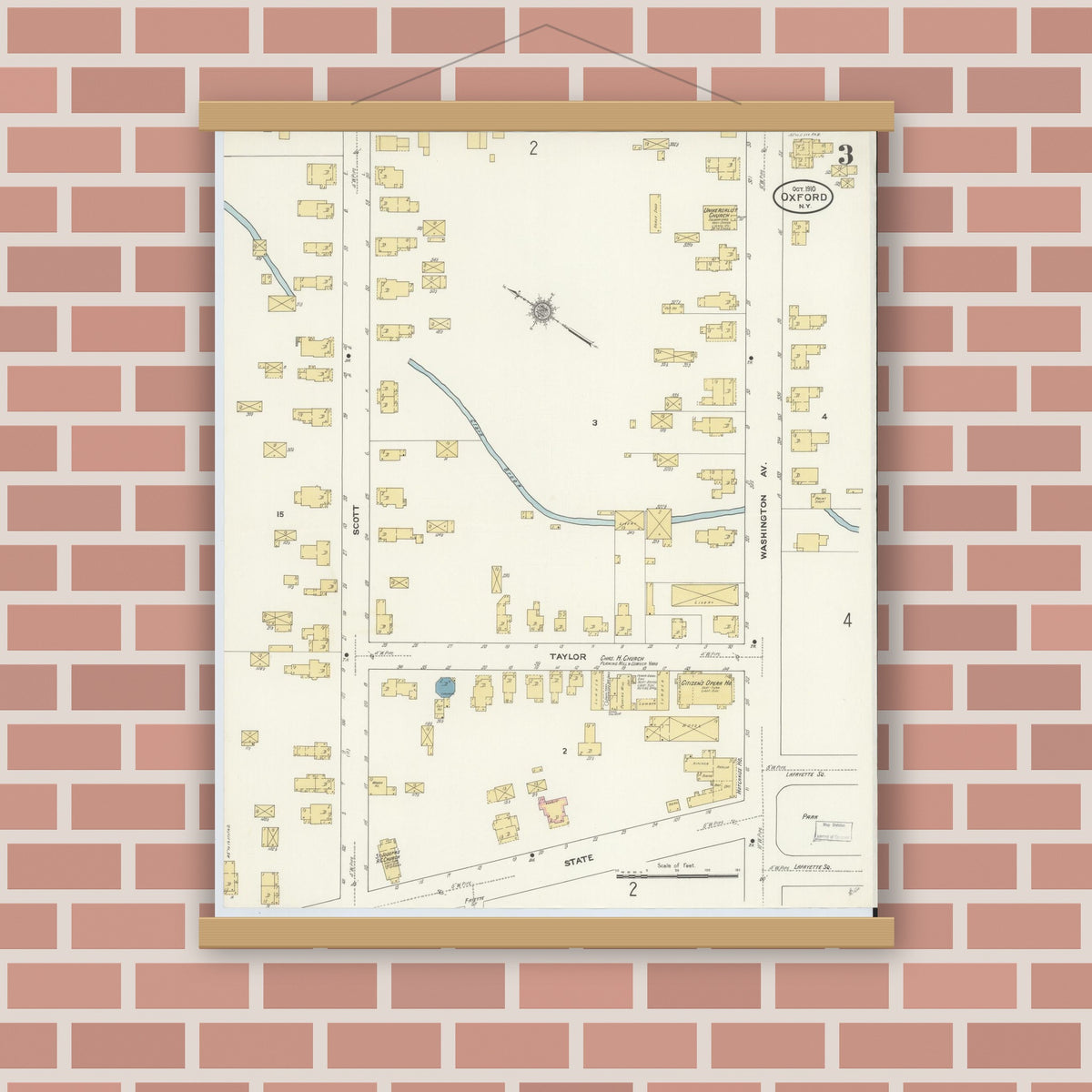 Old map wall art mockup — magnetic wood frame on brick wall — Sanborn Fire Insurance Map from Oxford, Chenango County, New York (1910), Sheet #0003