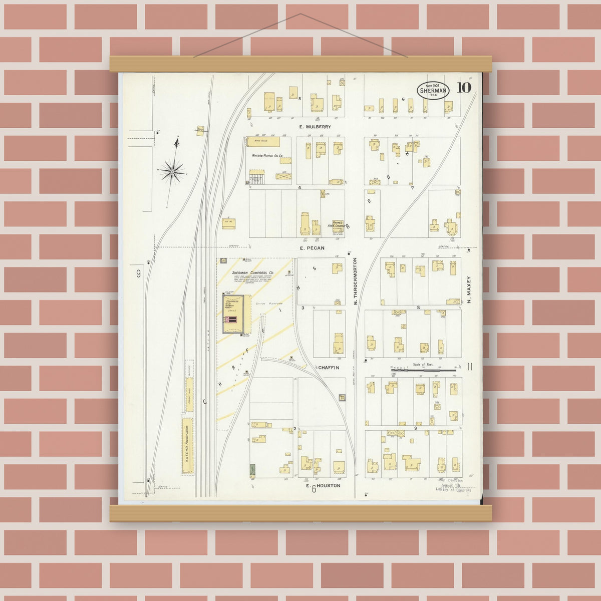 Old map wall art mockup — magnetic wood frame on brick wall — Sanborn Fire Insurance Map from Sherman, Grayson County, Texas (1908), Sheet #0010