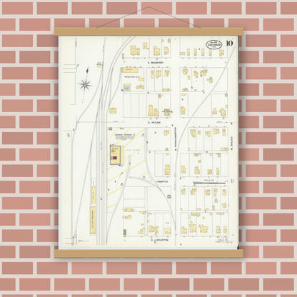 Old map wall art mockup — magnetic wood frame on brick wall — Sanborn Fire Insurance Map from Sherman, Grayson County, Texas (1908), Sheet #0010