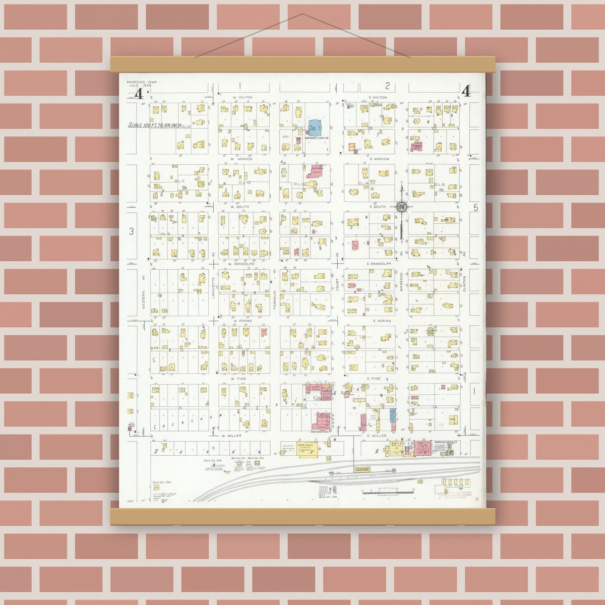 Old map wall art mockup — magnetic wood frame on brick wall — Sanborn Fire Insurance Map from Marengo, Iowa County, Iowa (1933), Sheet #0004