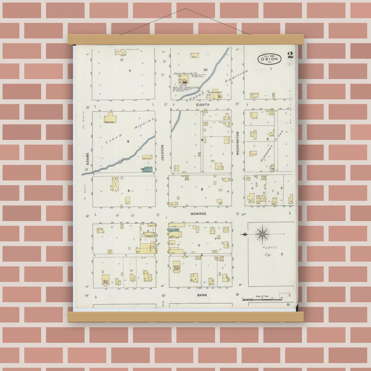 Old map wall art mockup — magnetic wood frame on brick wall — Sanborn Fire Insurance Map from Orion, Henry County, Illinois (1894), Sheet #0002