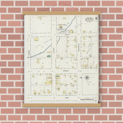 Old map wall art mockup — magnetic wood frame on brick wall — Sanborn Fire Insurance Map from Orion, Henry County, Illinois (1894), Sheet #0002