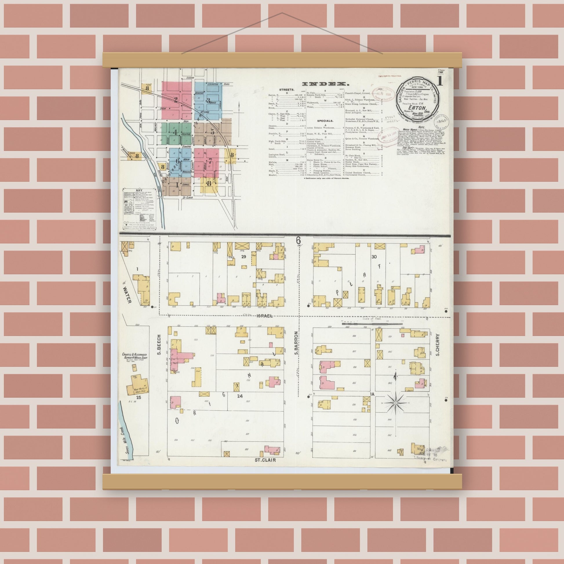 Old map wall art mockup — magnetic wood frame on brick wall — Sanborn Fire Insurance Map from Eaton, Preble County, Ohio (1899) - Complete Map Set
