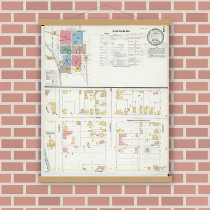 Old map wall art mockup — magnetic wood frame on brick wall — Sanborn Fire Insurance Map from Eaton, Preble County, Ohio (1899) - Complete Map Set