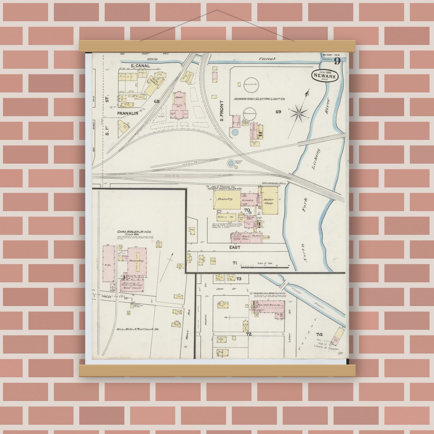 Old map wall art mockup — magnetic wood frame on brick wall — Sanborn Fire Insurance Map from Newark, Licking County, Ohio (1889), Sheet #0009