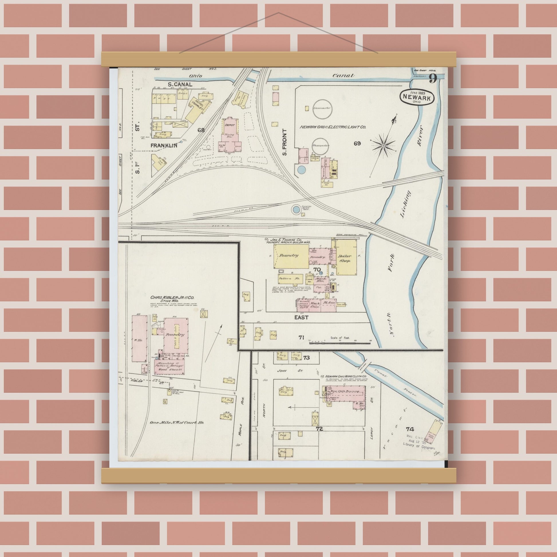 Old map wall art mockup — magnetic wood frame on brick wall — Sanborn Fire Insurance Map from Newark, Licking County, Ohio (1889), Sheet #0009