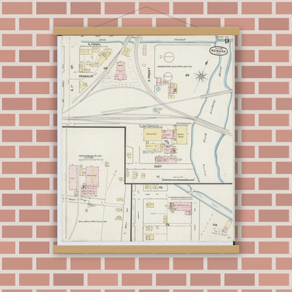Old map wall art mockup — magnetic wood frame on brick wall — Sanborn Fire Insurance Map from Newark, Licking County, Ohio (1889), Sheet #0009