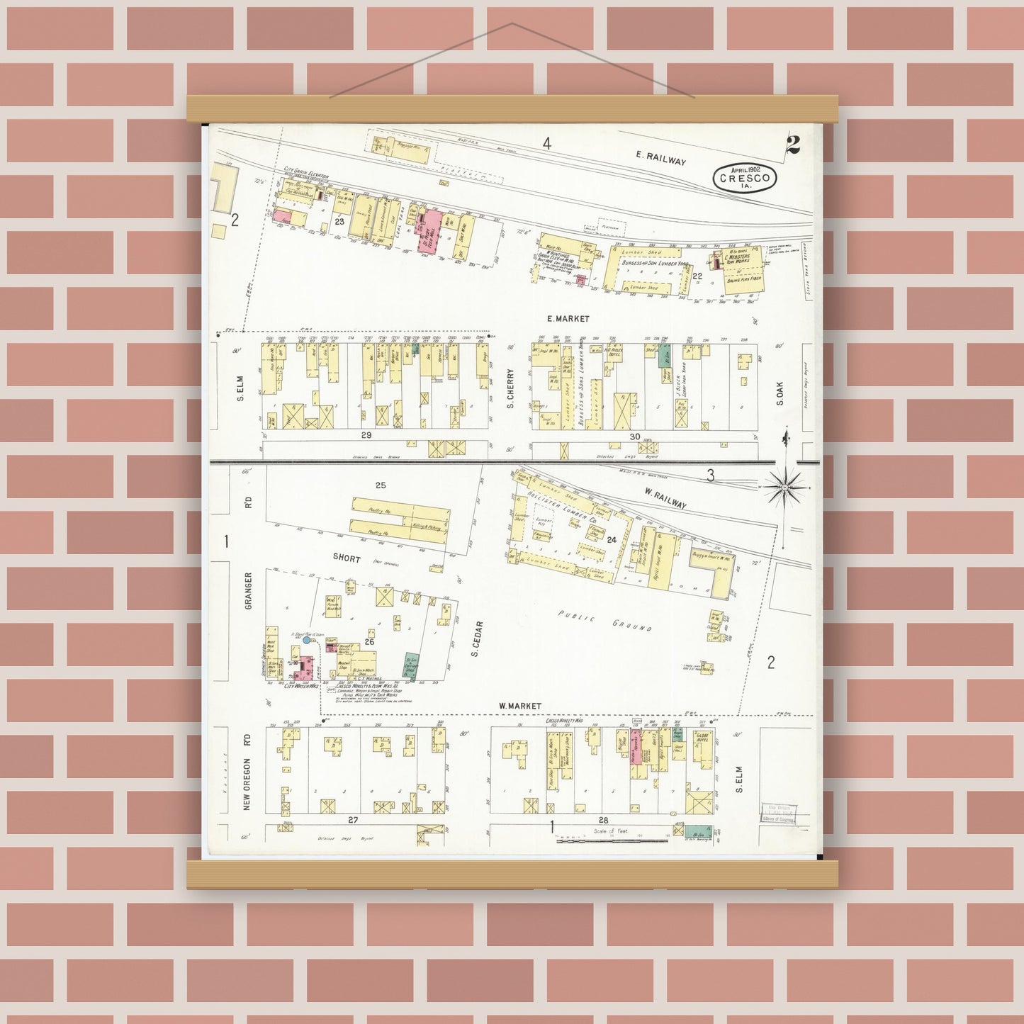 Old map wall art mockup — magnetic wood frame on brick wall — Sanborn Fire Insurance Map from Cresco, Howard County, Iowa (1902), Sheet #0002