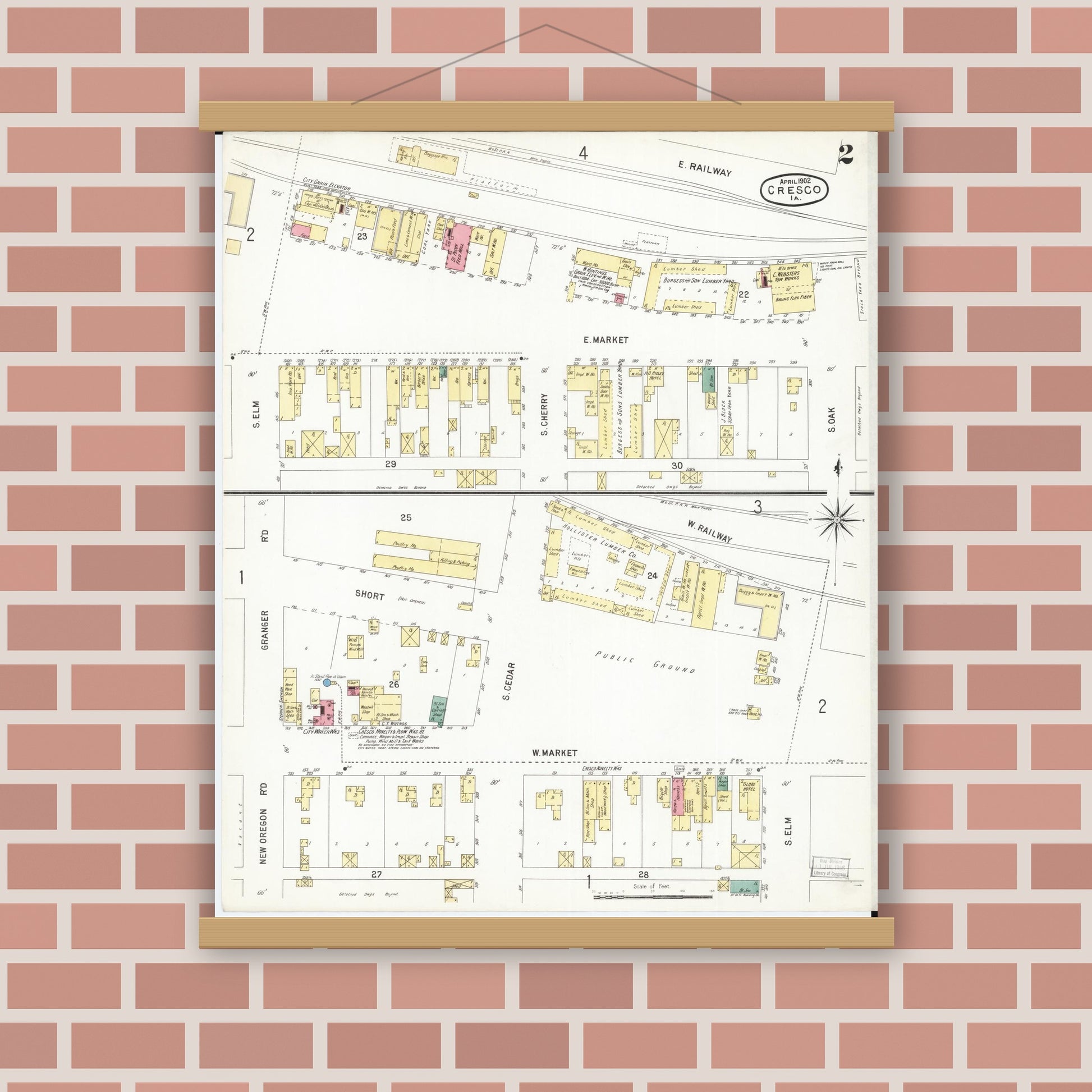 Old map wall art mockup — magnetic wood frame on brick wall — Sanborn Fire Insurance Map from Cresco, Howard County, Iowa (1902), Sheet #0002