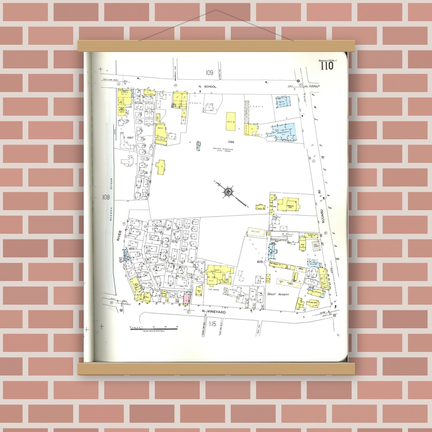 Old map wall art mockup — magnetic wood frame on brick wall — Sanborn Fire Insurance Map from Honolulu, Oahu County, Hawaii (1955), Sheet #0110