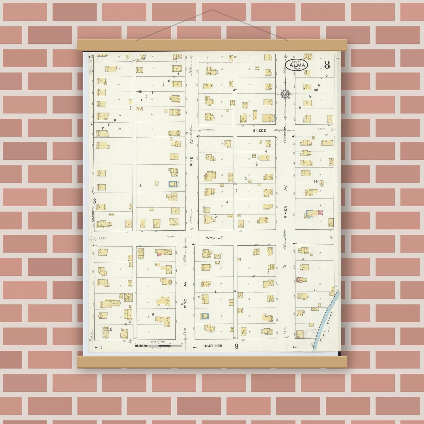 Old map wall art mockup — magnetic wood frame on brick wall — Sanborn Fire Insurance Map from Alma, Gratiot County, Michigan (1917), Sheet #0008