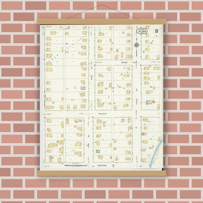 Old map wall art mockup — magnetic wood frame on brick wall — Sanborn Fire Insurance Map from Alma, Gratiot County, Michigan (1917), Sheet #0008